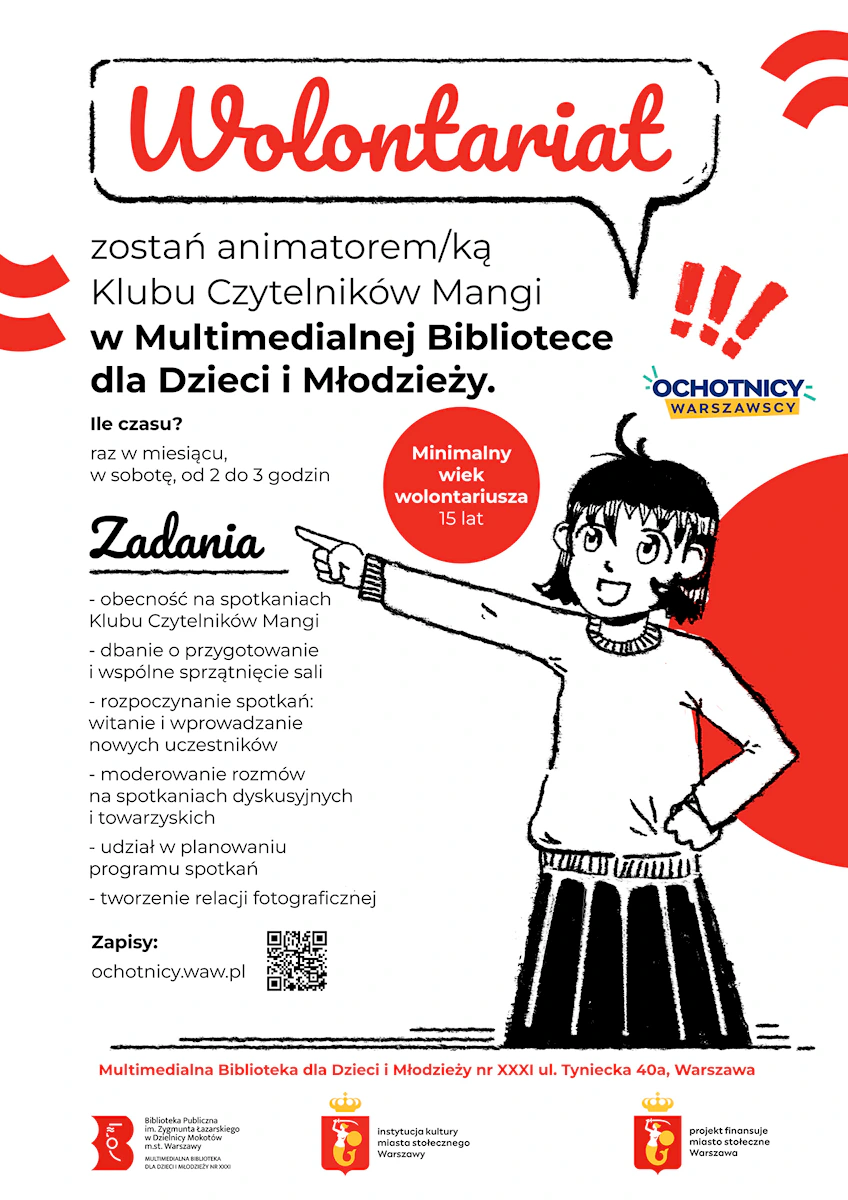 Narysowana dziewczynka o krótkich włosach pokazuje coś prawą ręką.