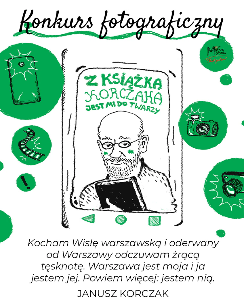 Narysowany ekran smartfona, a na jego ekranie portretowy rysunek Janusza Korczaka trzymającego książkę w ręku. Wokół smartfona krążą inne aparaty fotograficzne.