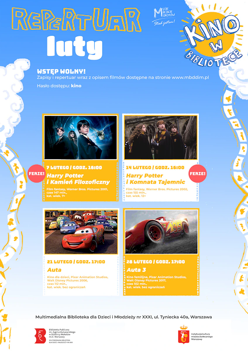 Cztery klatki z filmów. Dwa są z serii o Harrym Potterze, a dwa pozostałe z animowanej serii o gadających samochodach.