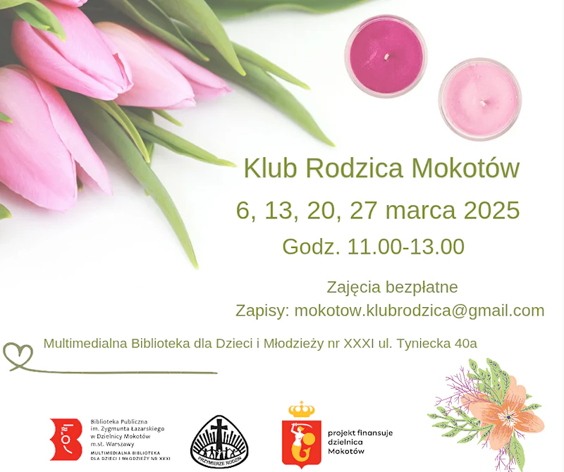 Zdjęcie fioletowych tulipanów w lewym górnym rogu, a na przeciwko rysunek pomarańczowego kwiatka.