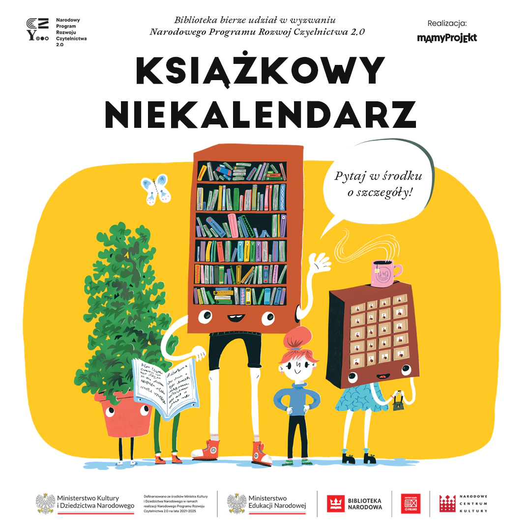 Rysunek doniczki, regału, katalogu i książki na nogach, a pomiędzy nimi rudowłosa dziewczynka.