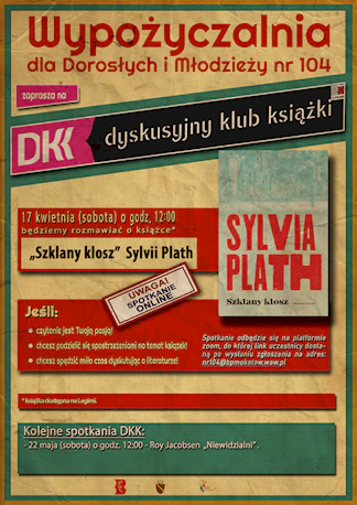 Okładka książki, na jasnozielonym tle widok obróconych budynków Nowego Jorku, dużymi czerwonymi literami Sylvia Plath, mniejszą czarną czcionką "Szklany klosz".