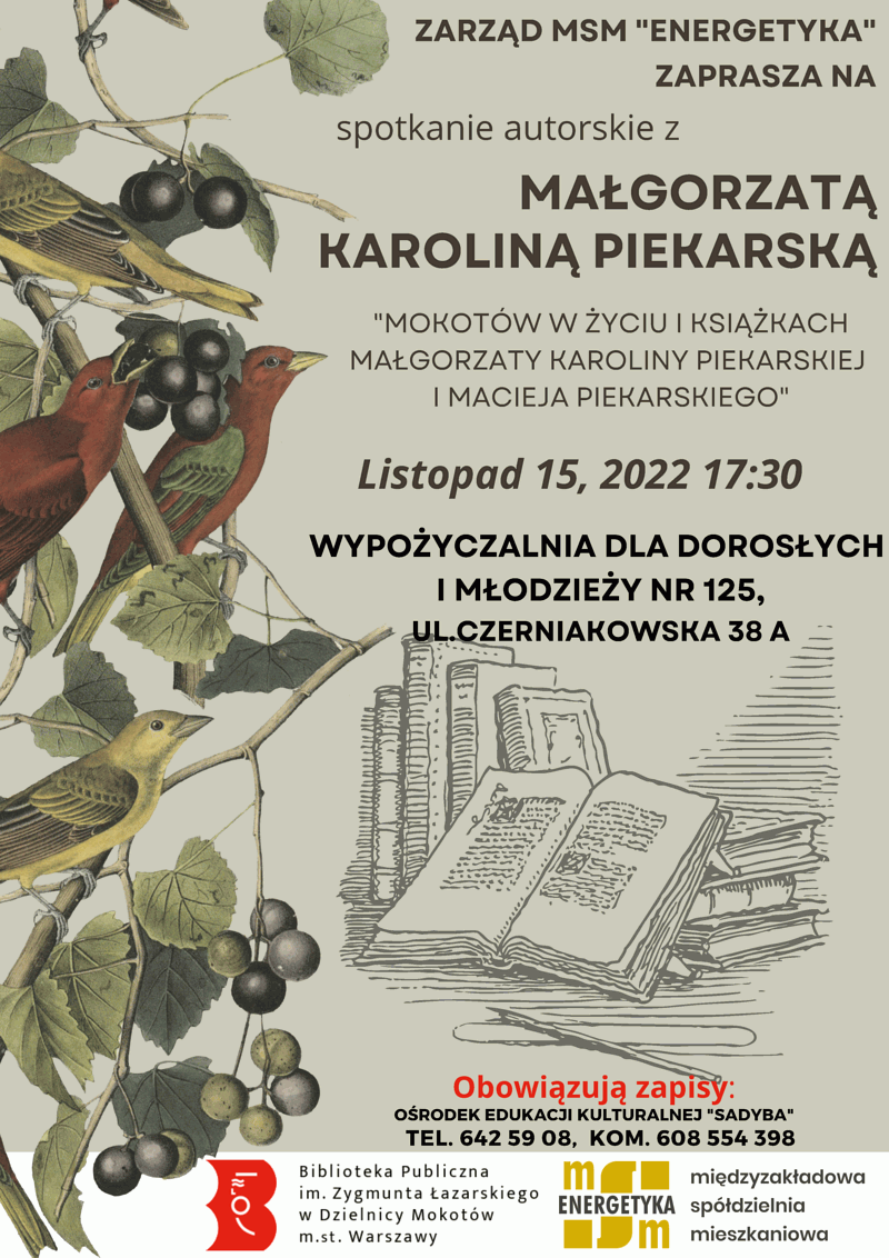 Na szarym tle z lewej strony ptaki siedzą na gałązkach. W dolnej części kilka narysowanych książek, w tym jedna otwarta. Tekst zawarty w artykule.