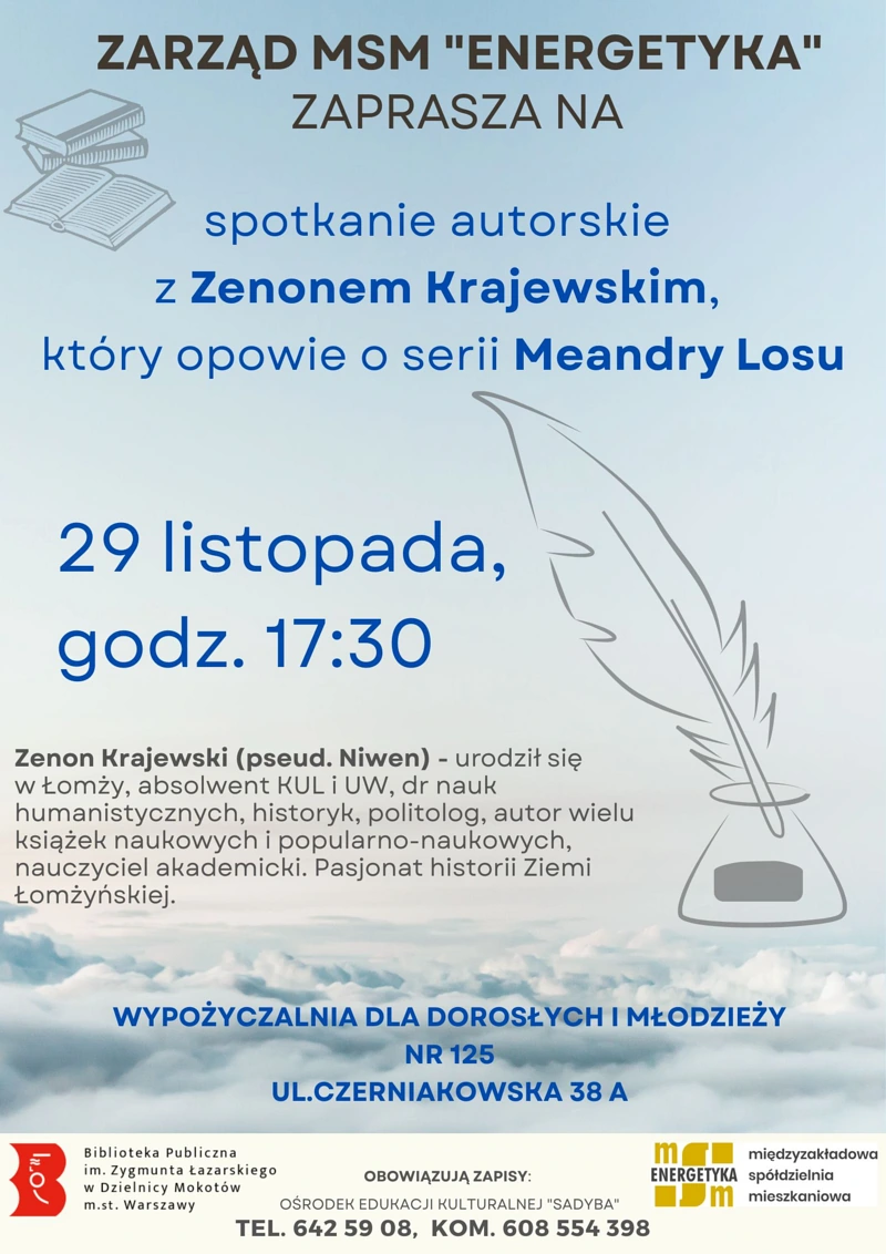 Na niebieskim tle z lewej strony na górze narysowane są trzy książki, w tym jedna otwarta. Po prawej narysowane gęsie pióro zamoczone w kałamarzu. Tekst zawarty w artykule.