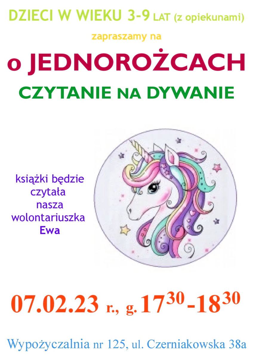 Poza tekstem zawartym w artykule pośrodku plakatu narysowana jest głowa jednorożca o fantazyjnej wielokolorowej grzywie i kolorowym rogu.
