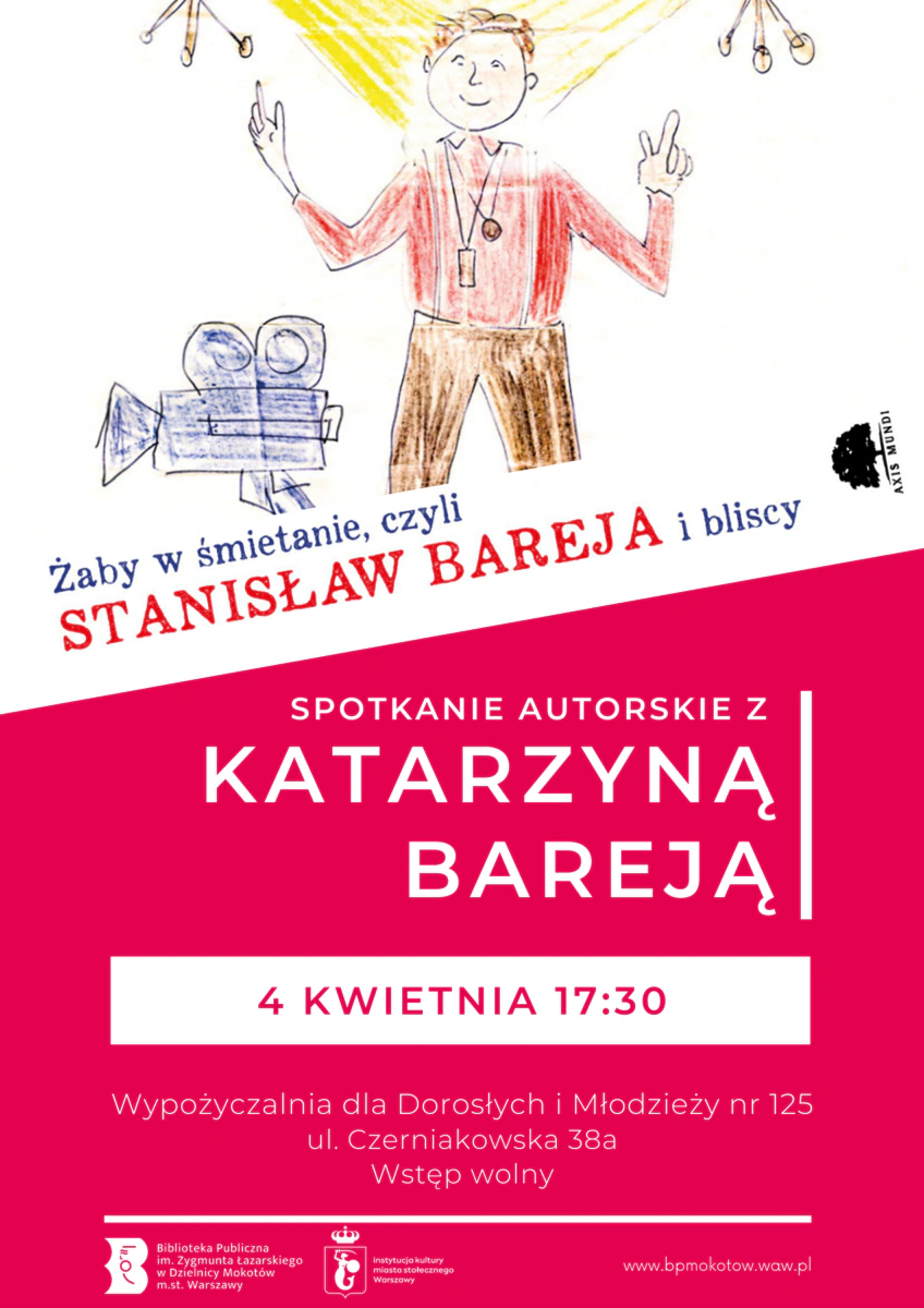 W górnej połowie na biały tle rysunek Stanisława Barei na którym uśmiechnięty mężczyzna uśmiecha się do nas. Oświetlają go dwa reflektory, a obok niego stoi kamera filmowa. Pod nim tekst: żaby w śmietanie, czyli Stanisław Bareja i bliscy; oraz tekst zawarty w artykule.