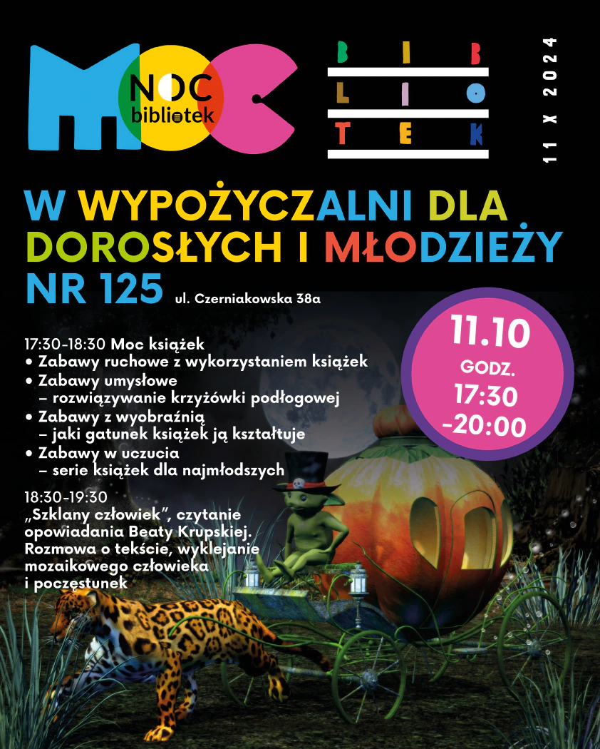 Rysunek tygrysa ciągnącego karocę z dyni, którą powozi żaba w cylindrze. W tle świeci księżyc w pełni.