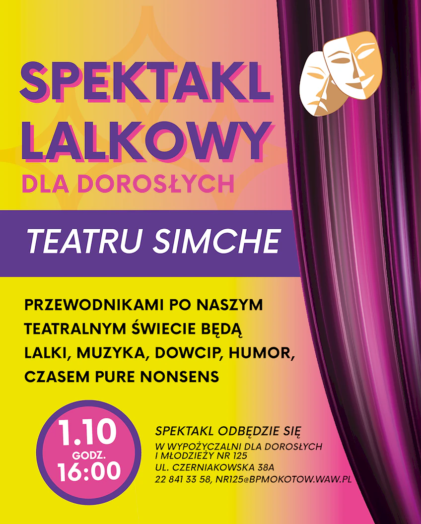 Narysowane dwie maski teatralne na tle teatralnej kurtyny.