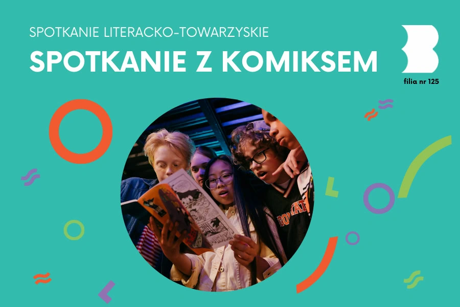 Grupka dzieci wpatruje się w komiks trzymany przez ciemnoskórą nastolatkę.