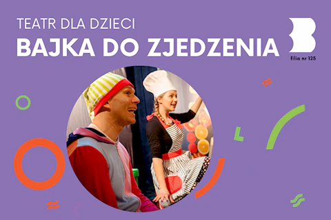 Po lewej aktor ubrany jak krasnoludek, po prawej aktorka w fartuszku i sporej czapce kucharskiej.