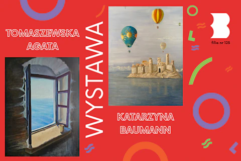 Dwa obrazy. Na lewym otwarte okno wychodzące na morze. Na prawym mała wysepka zabudowana zamkiem, a na niebie leci kilka balonów.