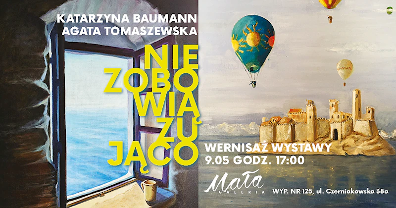 Dwa obrazy. Na lewym otwarte okno wychodzące na morze. Na prawym mała wysepka zabudowana zamkiem, a na niebie leci kilka balonów.
