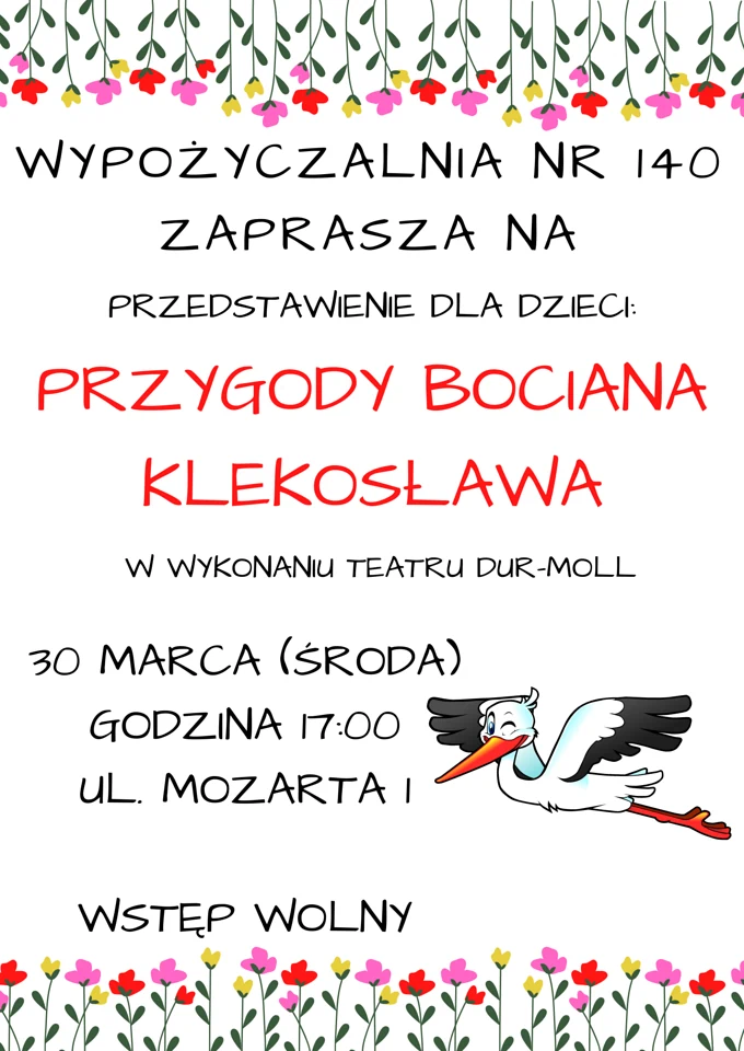 Rysunkowy bocian w locie mruga jednym okiem. Na górze i na dole mrowie polnych kwiatów. Do tego tekst zawarty w artykule.