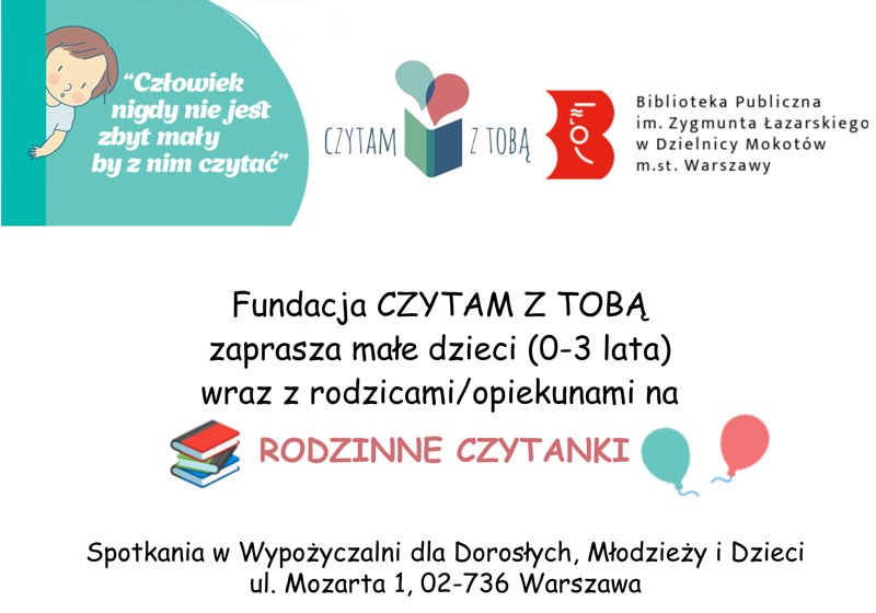 Plakat promujący rodzinne czytanki. Trochę balonów, książki, jakiś chłopiec wychylający się za zielonej zasłony, a poza tym tekst zawarty w artykule.