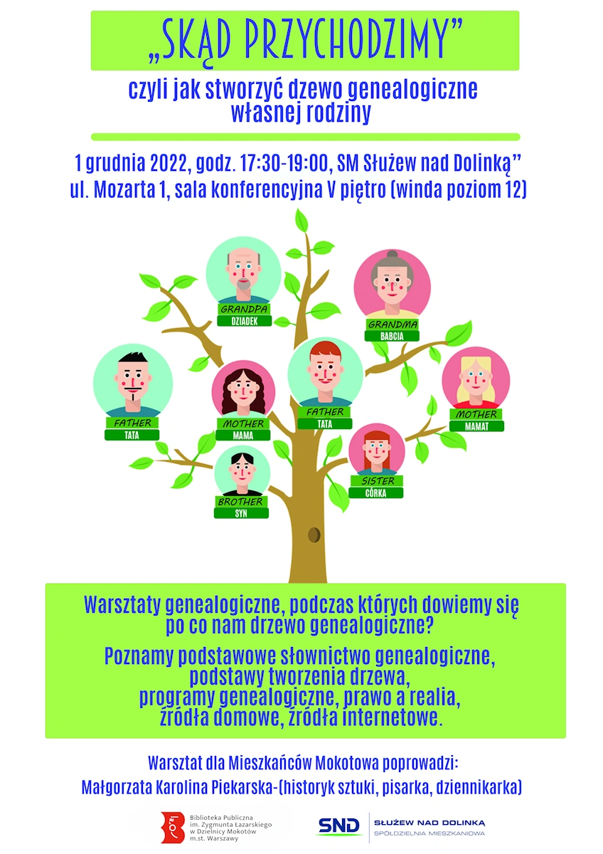 Plakat promujący warsztaty. Na białym tle, poza tekstem zawartym w artykule, narysowane jest drzewo genealogiczne, czyli drzewo z kilkoma na krzyż liśćmi i kilkoma portretami przykładowej rodziny od dziadków po wnuczęta.