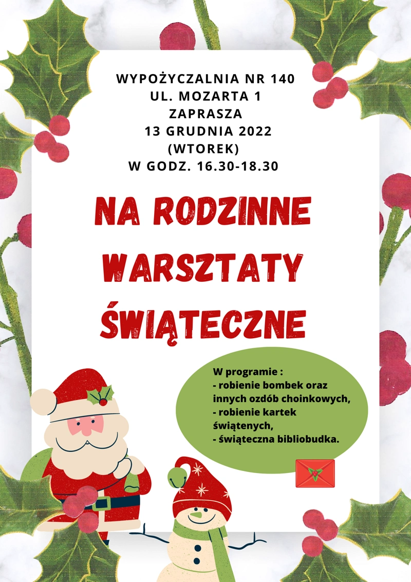 Plakat promujący wydarzenie z jasnym tłem i zielono-czerwonymi motywami świątecznymi. Tekst zawarty w artykule.