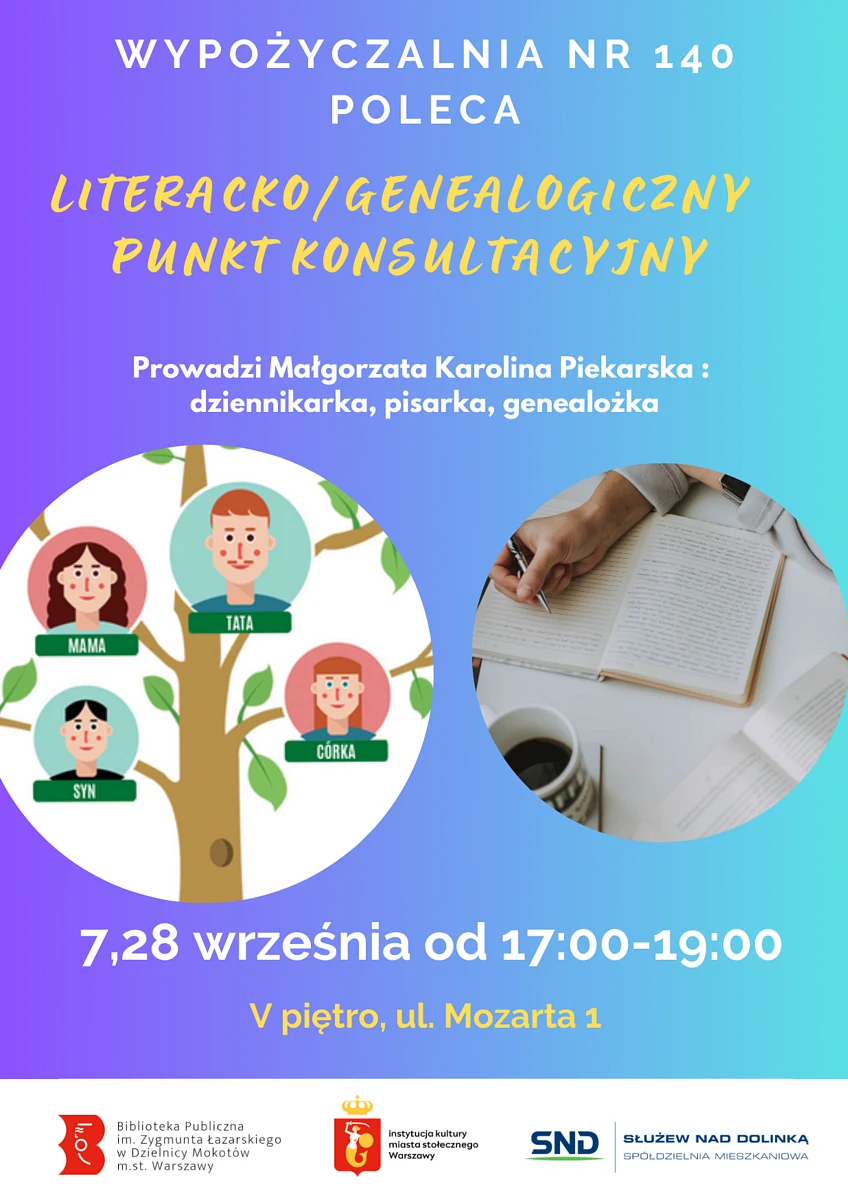 Na fioletowo-niebieskim tle tekst zawarty w artykule. Do tego pośrodku dwa kółka. W jednym fragment drzewa genealogicznego, a w drugim widoczna ręka robiąca notatki w grubym notatniku.