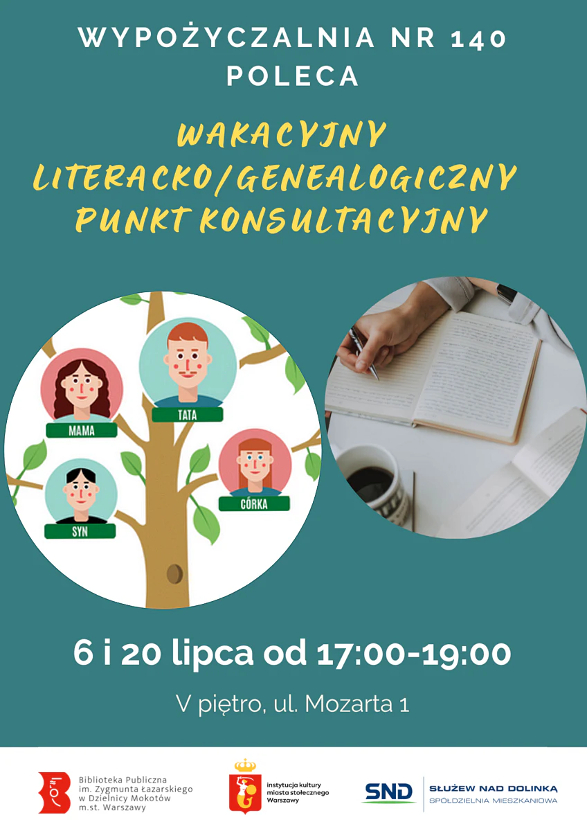 Na ciemnym tle tekst zawarty w artykule. Do tego pośrodku dwa kółka. W jednym fragment drzewa genealogicznego, a w drugim widoczna ręka robiąca notatki w grubym notatniku.
