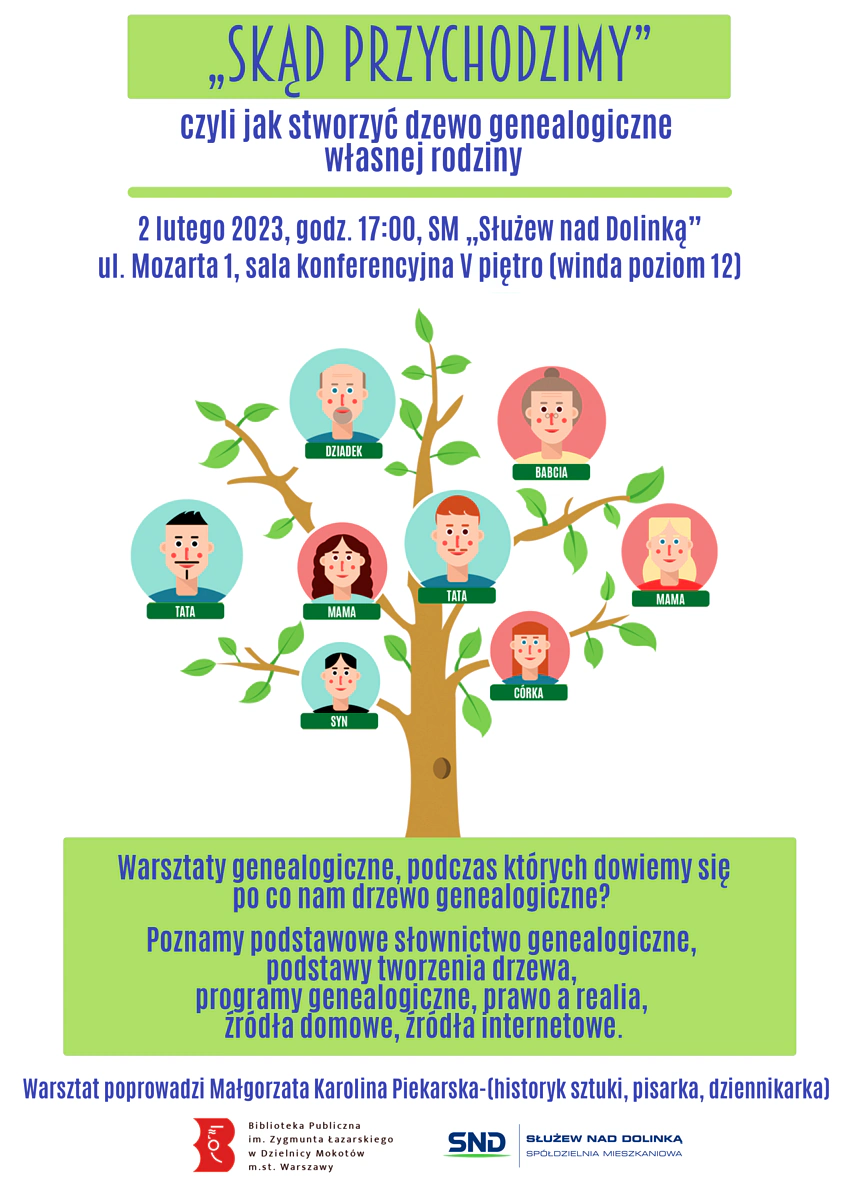 Plakat promujący warsztaty. Na białym tle, poza tekstem zawartym w artykule, narysowane jest drzewo genealogiczne, czyli drzewo z kilkoma na krzyż liśćmi i kilkoma portretami przykładowej rodziny od dziadków po wnuczęta.