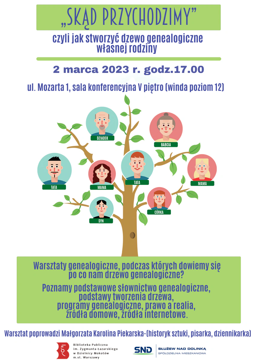 Plakat promujący warsztaty. Na białym tle, poza tekstem zawartym w artykule, narysowane jest drzewo genealogiczne, czyli drzewo z kilkoma na krzyż liśćmi i kilkoma portretami przykładowej rodziny od dziadków po wnuczęta.