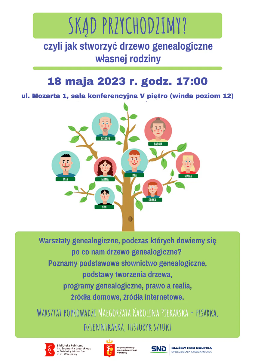 Plakat promujący warsztaty. Na białym tle, poza tekstem zawartym w artykule, narysowane jest drzewo genealogiczne, czyli drzewo z kilkoma na krzyż liśćmi i kilkoma portretami przykładowej rodziny od dziadków po wnuczęta.