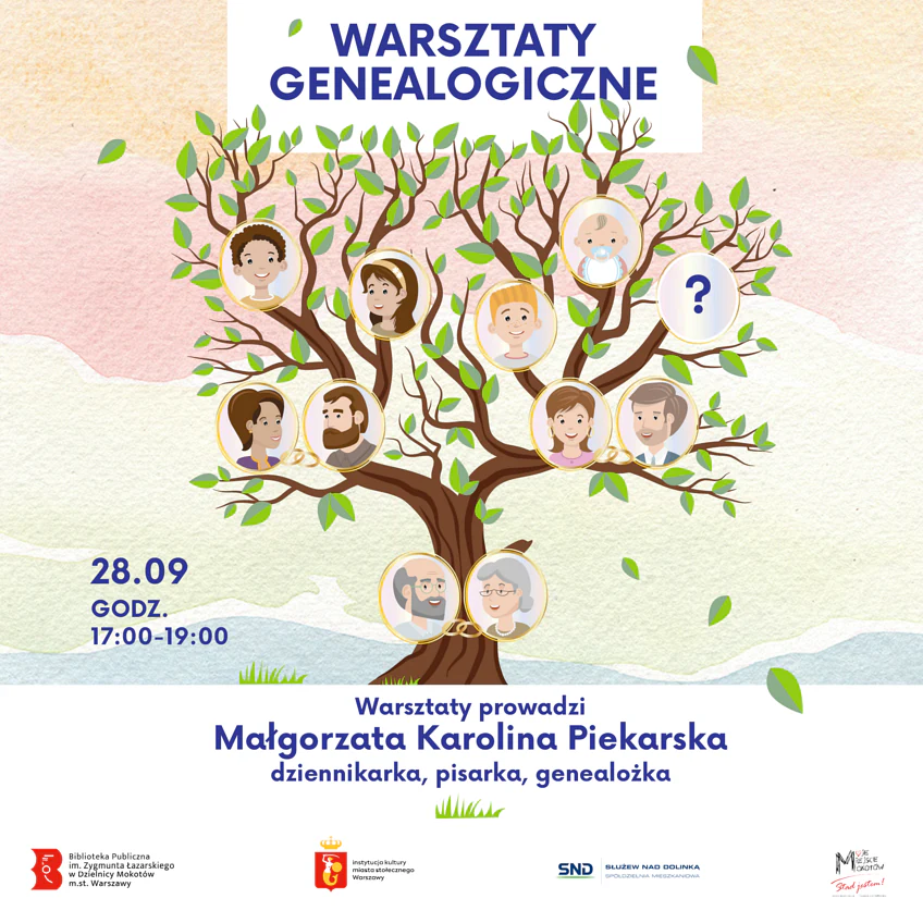 Narysowane drzewo liściaste, a na nim twarze różnych pokoleń razem tworzą drzewo genealogiczne. Do tego tekst zawarty w artykule.