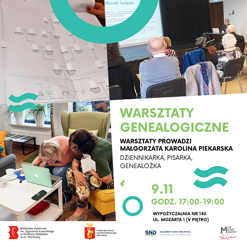 Obraz podzielony na cztery części. Na jednym jest tekst zawarty w artykule. Na drugim dwie kobiety pochylają się nad laptopem. Na trzecim jest wydrukowane drzewo genealogiczne. Na ostatnim kilka osób siedzi przed ekranem płóciennym, a z prawej strony siedzi prowadząca wykład.