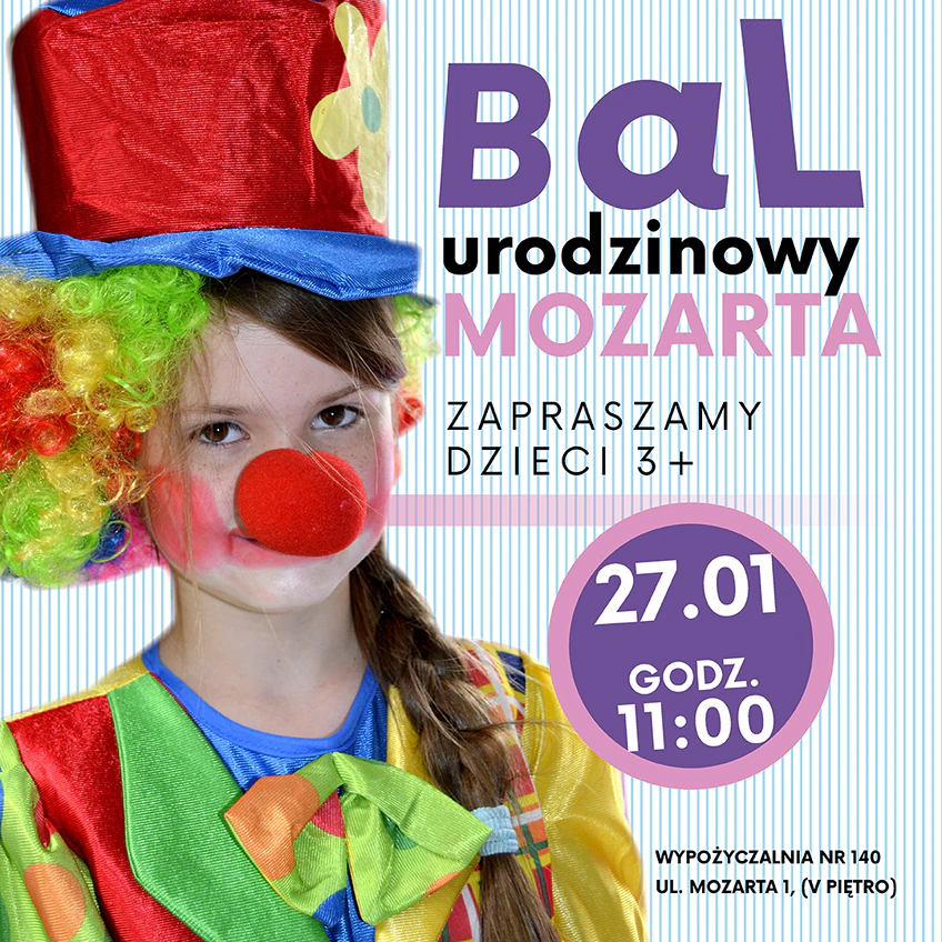 Dziewczynka ubrana w barwny strój karnawałowy z doczepionym okrągłym czerwonym nosem.