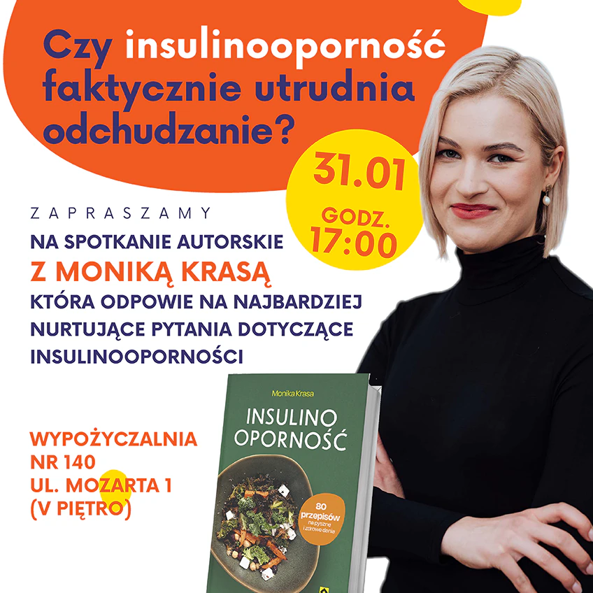 Kobieta w czarnym golfie uśmiecha się do obiektywu. Przed nią oładka książki w zielonej tonacji z talerzem pełnym wegetariańskiego jedzenia.