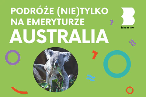 W kółku zdjęcie, na którym trzymający się gałęzi miś koala objada się jakąś rośliną.