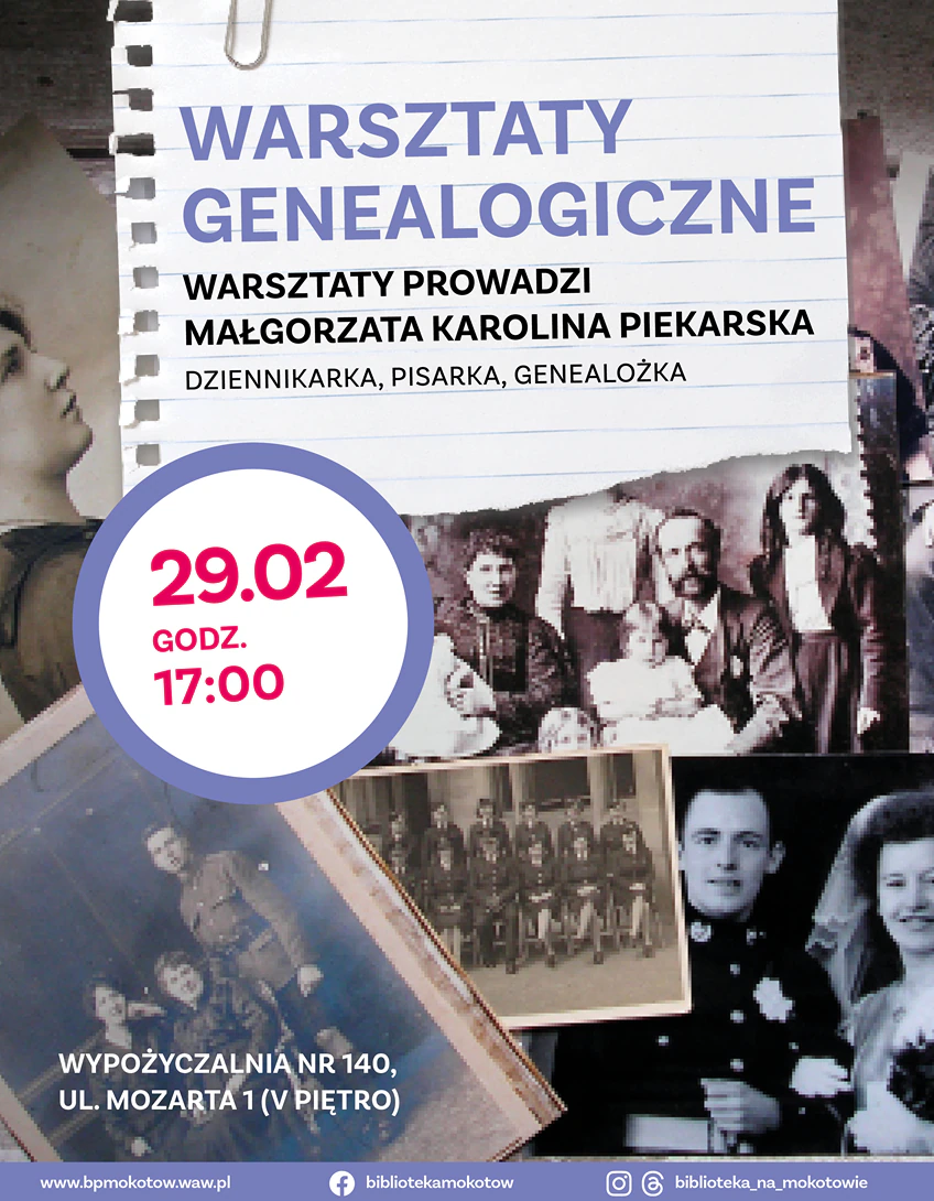 Rozrzucone stare zdjęcia różnych osób. Do tego tekst: warsztaty genealogiczne; 29 lutego, godzina 17:00.