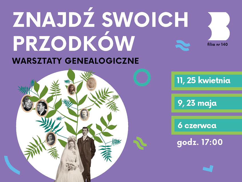 Rozrzucone stare zdjęcia portretowe różnych osób na gałęziach zielonej rośliny. Na dole rośliny zdjęcie młodej pary w ślubnym stroju.