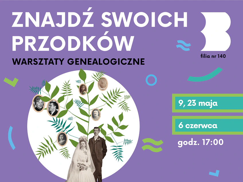 Rozrzucone stare zdjęcia portretowe różnych osób na gałęziach zielonej rośliny. Na dole rośliny zdjęcie młodej pary w ślubnym stroju.