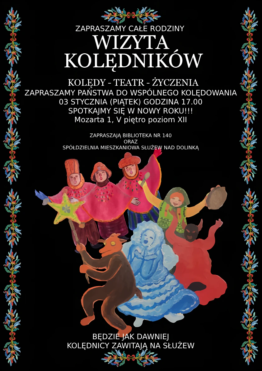 Rysunek kolędników, diabła i kozy.