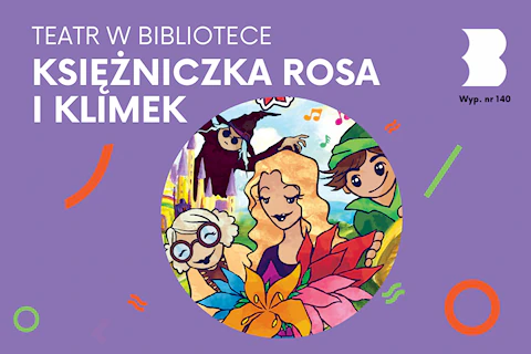 Rysunek wesołej staruszki, młodej blondynki, chłopaka w zieleni i latającej czarownicy na tle zamku i nieba.
