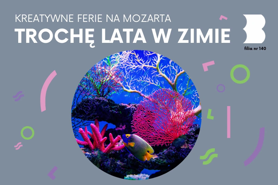 Kolorowa rafa koralowa w niebieskim morzu, plus jedna kolorowa rybka.
