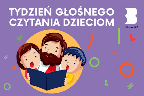 Rysunek brodatego ojca czytającego książkę chłopcu i dziewczynce.