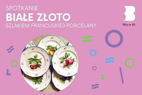 Talerze porcelanowe z niebieskimi krawędziami i motywami owocowymi w środku.