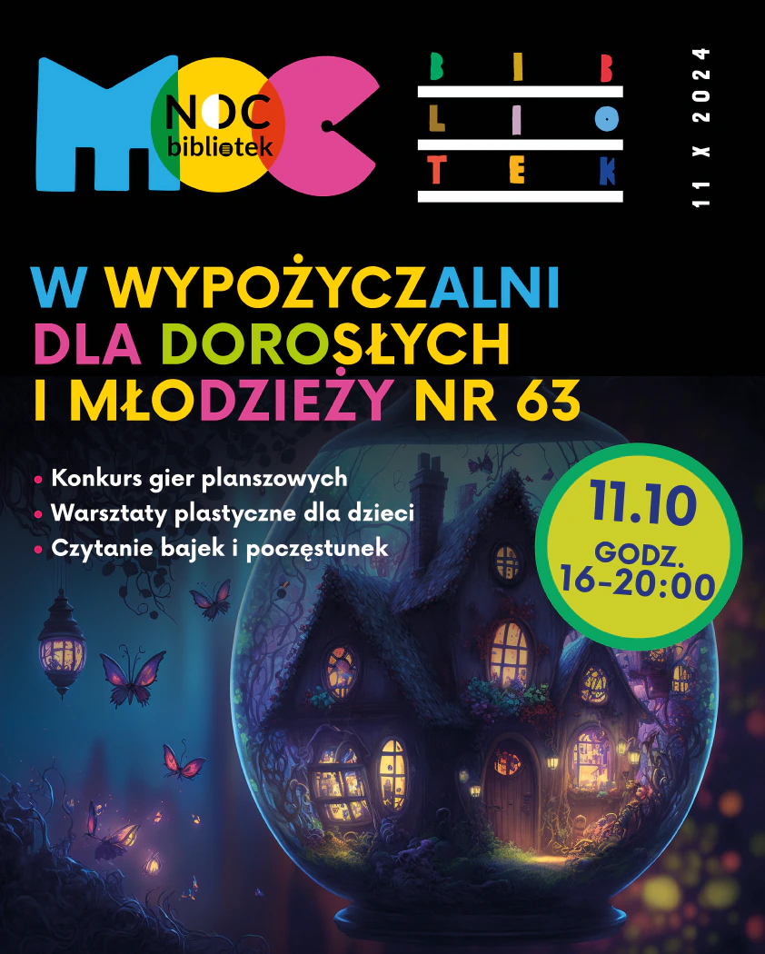 Noc. Rysunek bajecznie wyglądającego domu z oświetlonymi oknami, widziany poprzez szklaną kulę. Obok widać lampiony i motyle.