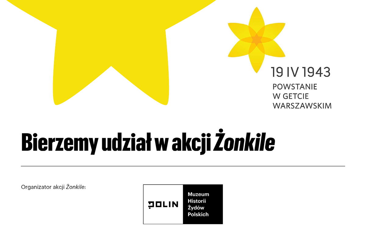 Grafika przedstawiająca: Żółty kształt nawiązujący do wyglądu żonkila w centralnej części; poniżej czarny napis 