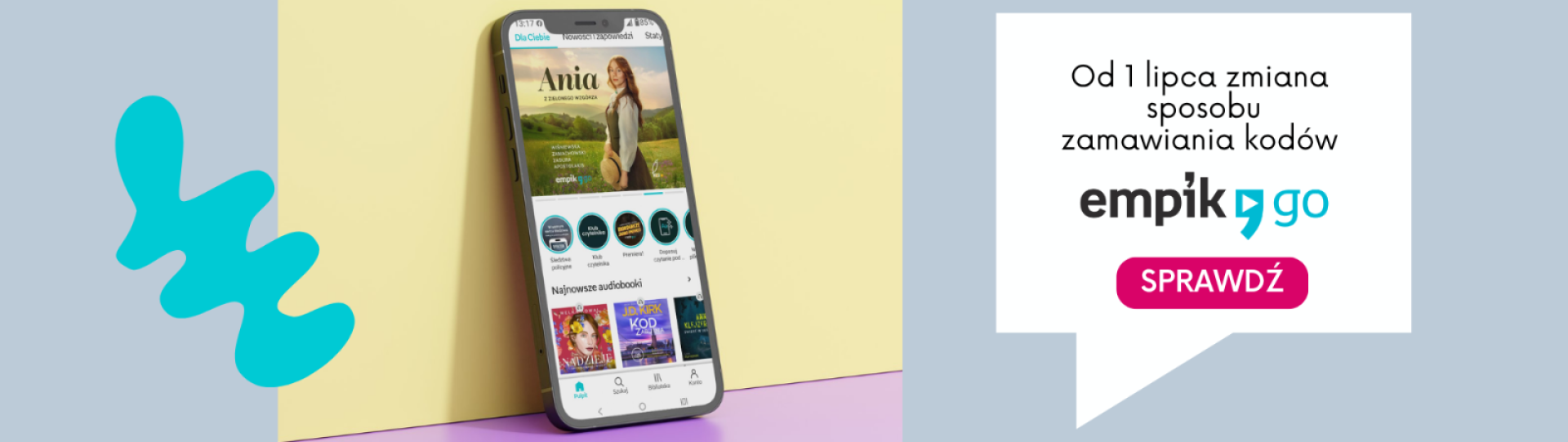 Na szaro-żółto-różowym tle smartfon oparty o ścianę, w dymku napis: do 1 lipca zmiana sposobu zamawiania kodów empik Go, sprawdź