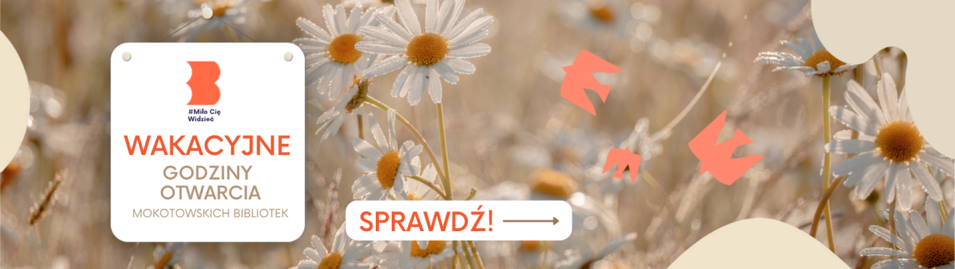 Pole rumianków w tle, na pierwszym planie kartka z napisem Wakacyjne godziny otwarcia Biblioteki Mokotów, obok: SPRAWDŹ