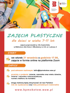  Plakat informujący o wydarzeniu. Wszelkie informacje są podane poniżej. Na plakacie znajdują się logotypy Biblioteki Publicznej Dzielnicy Mokotów oraz Dzielnicy Mokotów. W górnej części widać dłonie dzieci zajmujące się pracą plastyczną: w jednej dłoni widzimy kredkę, w innej nożyczki, w jeszcze innej rakietę zrobioną z papieru. Przed dłońmi znajdują się arkusze kolorowych papierów oraz wiele różnokolorowych kredek.