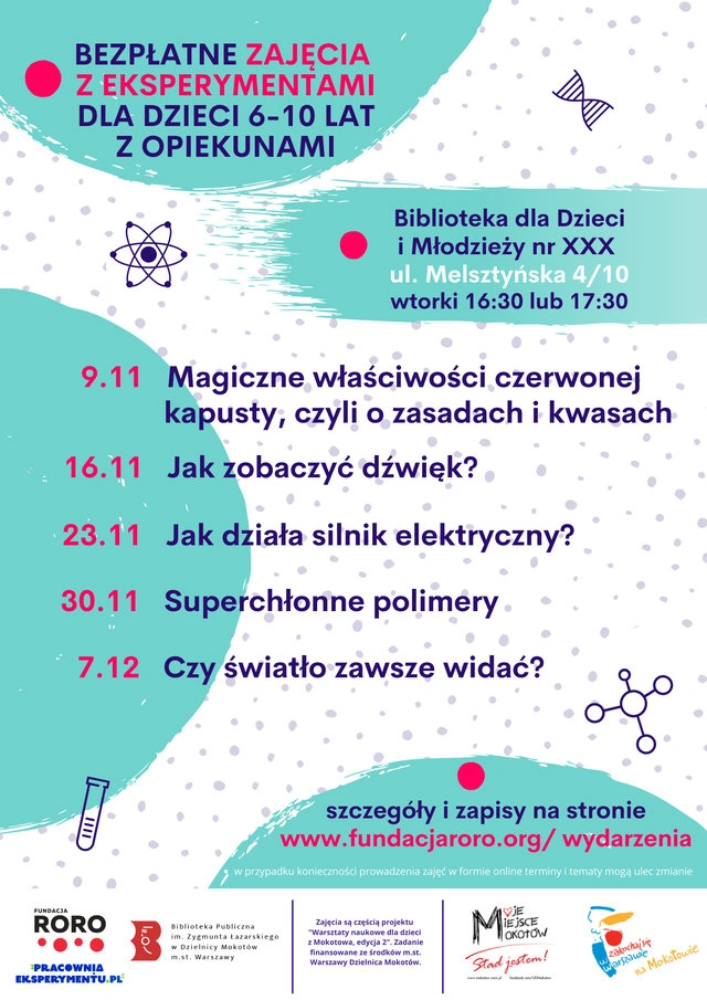 Plakat zapraszający na bezpłatne zajęcia dla dzieci do biblioteki dla dzieci i młodzieży numer 30. Szczegóły są opisane w artykule. Na dole logotypy fundacji RORO, biblioteki mokotowskiej, moje miejsce Mokotów, zakochaj się w warszawie na Mokotowie
