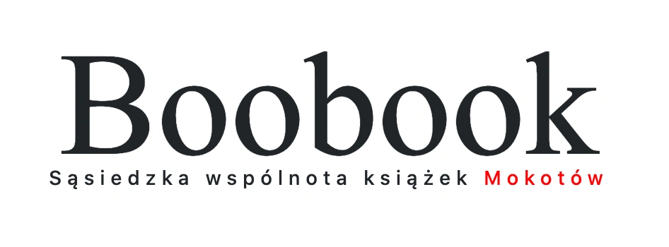 Duży, czarny napis Boobook, na dole mniejszy napis Sąsiedzka wspólnota książek Mokotów