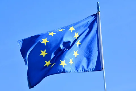 Powiewająca na wietrze flaga Unii Europejskiej - dwanaście żółtych gwiazd na niebieskim tle.