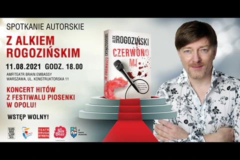 Plakat informujący o wydarzeniu. Autor stoi z założonymi rękami i patrzy przed siebie. Ma na sobie kwiecistą koszulę. Jego włosy są zaczesane na prawa stronę. Ma lekki zarost.