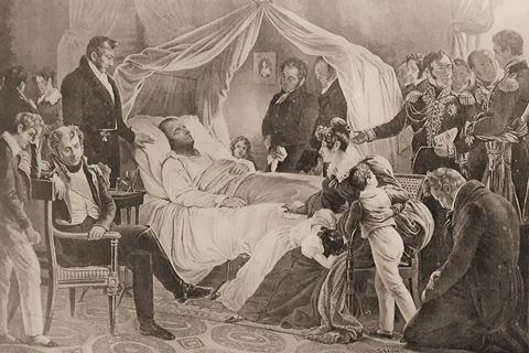 Napoleon Bonaparte leży na łożu śmierci. Ma zamknięte oczy. Wokół zebrany jest tłum - jest to rodzina i dygnitarze państwowi.