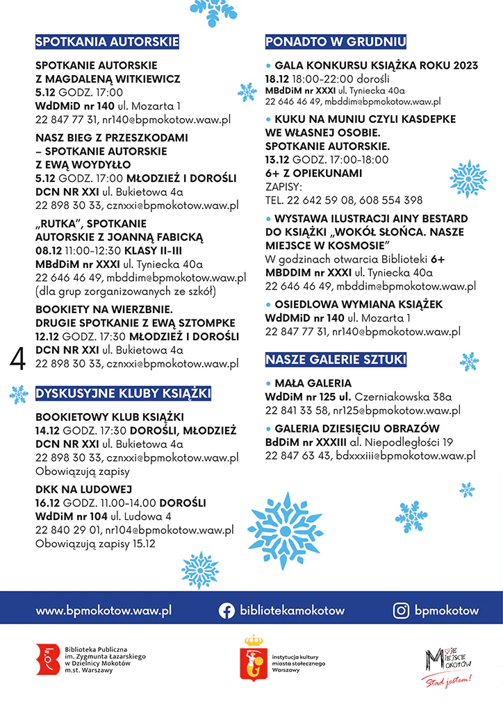 Spis spotkań autorskich, dyskusyjnych klubów książek i innych wydarzeń w mokotowskiej bibliotece.