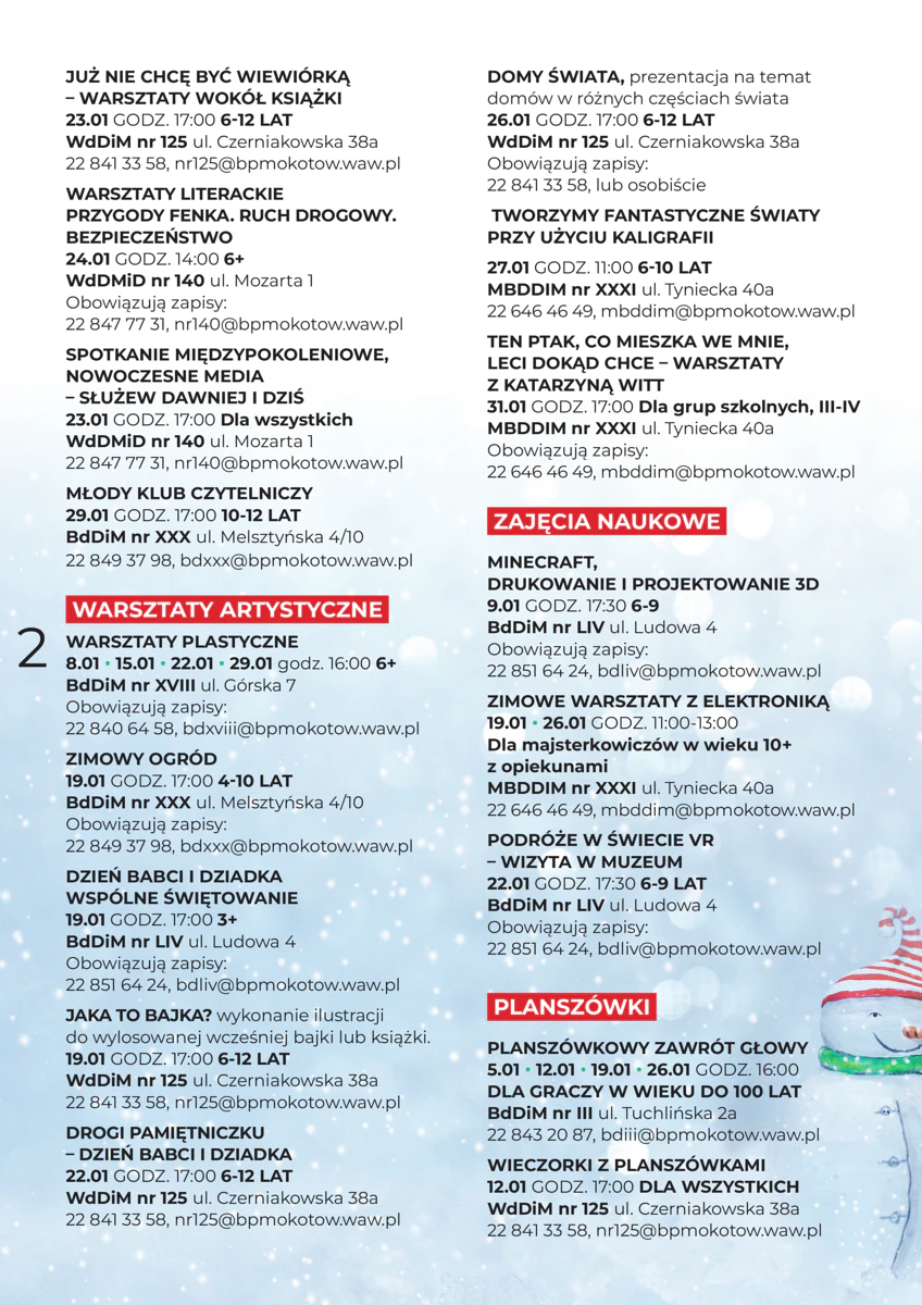 Styczniowy program wydarzeń, opisany w artykule. Strona 2.